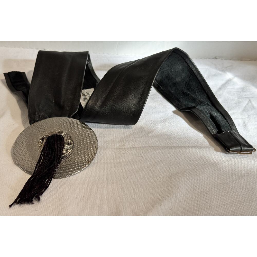 Vtg Black Leather Belt Silver Buckle Tassel Reynold Mejer Metal Petals Studio